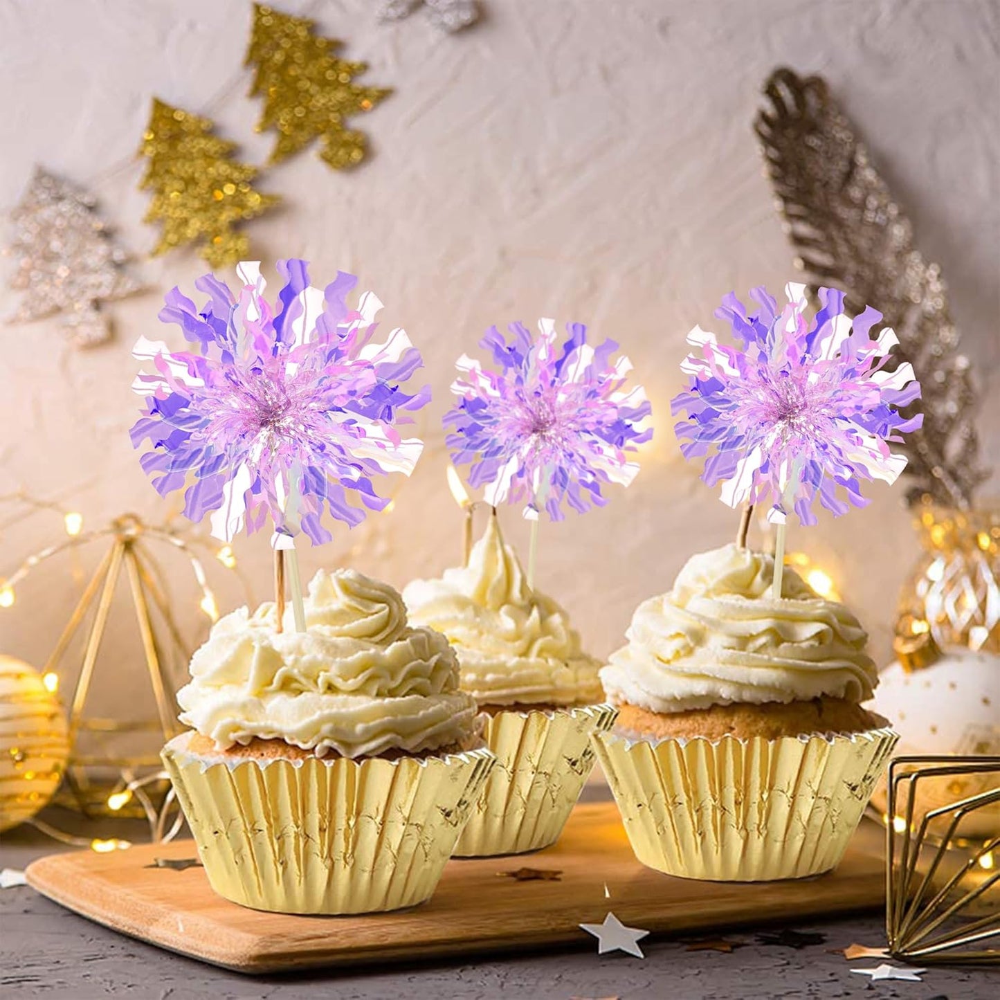 Ephlyn 30Pcs Foil Firework Cupcake Toppers Sparkle Tinsel Cupcake Picks Happy Birthday Cake Decorations Drink Stirrers Cocktail Food Fruit Toothpicks for Baby Shower Graduation Party Supplies Purple