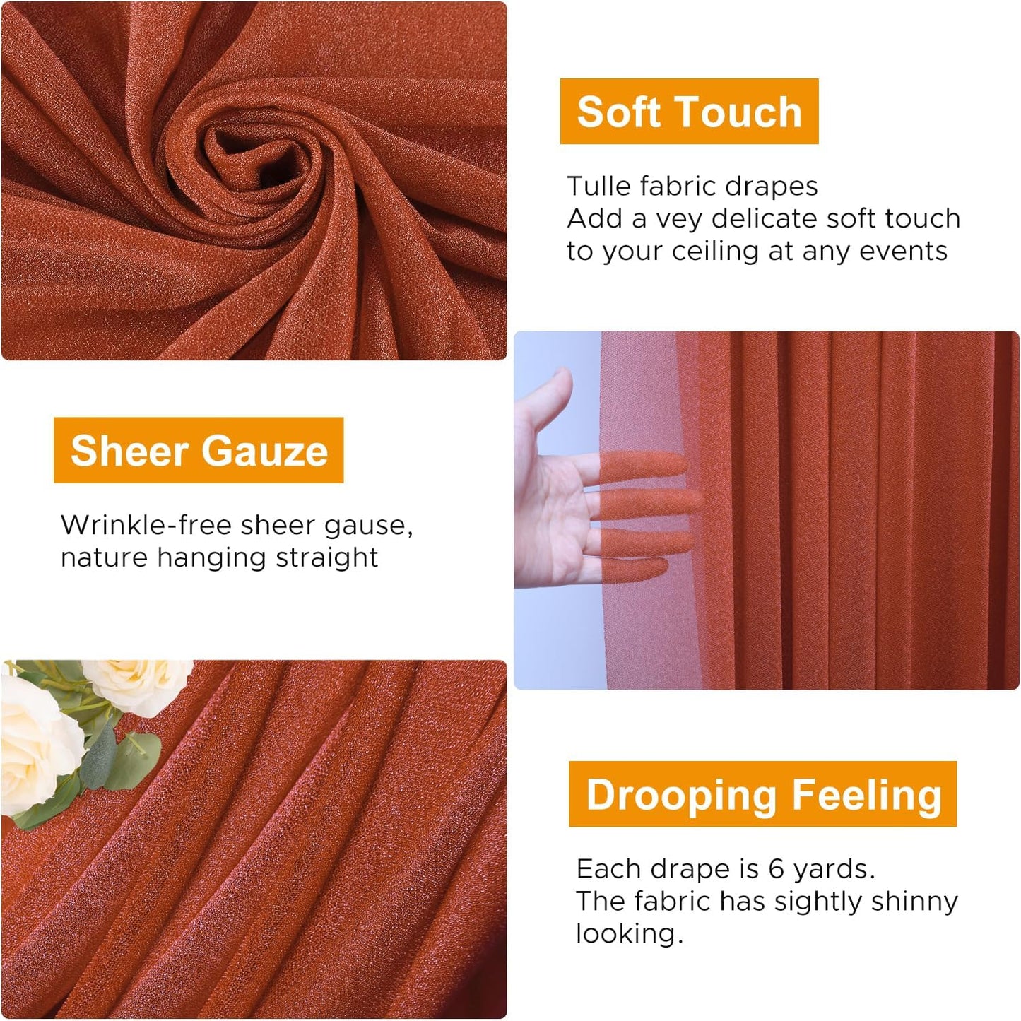 Wedding Arch Draping Fabric 3 Panels 28.7" x 20FT Terracotta Sheer Chiffon Backdrop Drapes for Wedding Ceremony Birthday Party Bridal Shower Outdoor Decoration