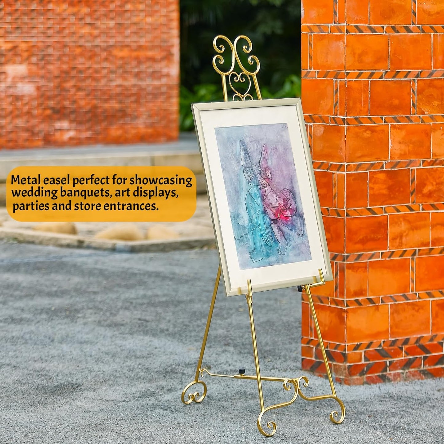 Metal Large Free Standing Adjustable Display Stand Scroll Easel with Chain Support, Gold Easel Stand for Sign, Heavy Duty Easel for Mirror, Wedding, Picture Frame (No Installation Required)