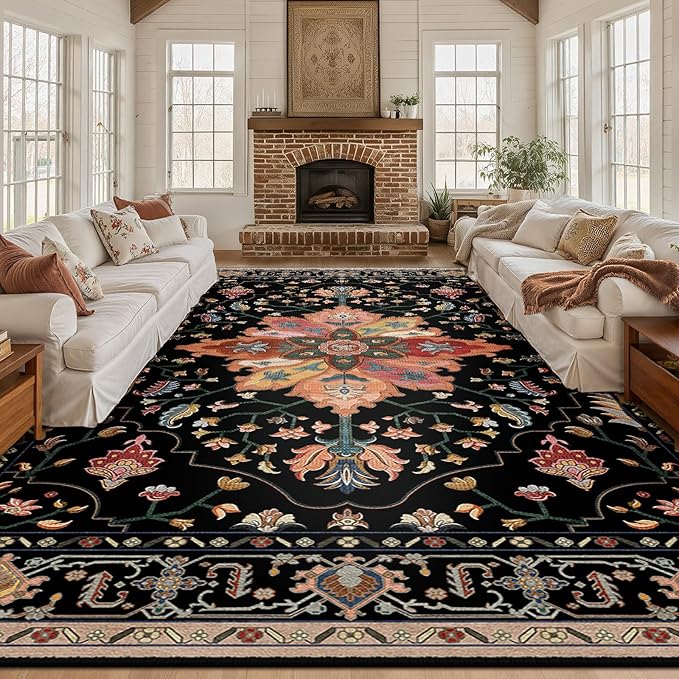 RELEANY Area Rugs 10'x12' Washable Non-Slip, Floral Vintage Distress Print by RELEANY