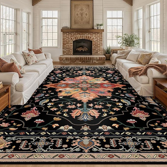RELEANY Area Rugs 10'x12' Washable Non-Slip, Floral Vintage Distress Print by RELEANY