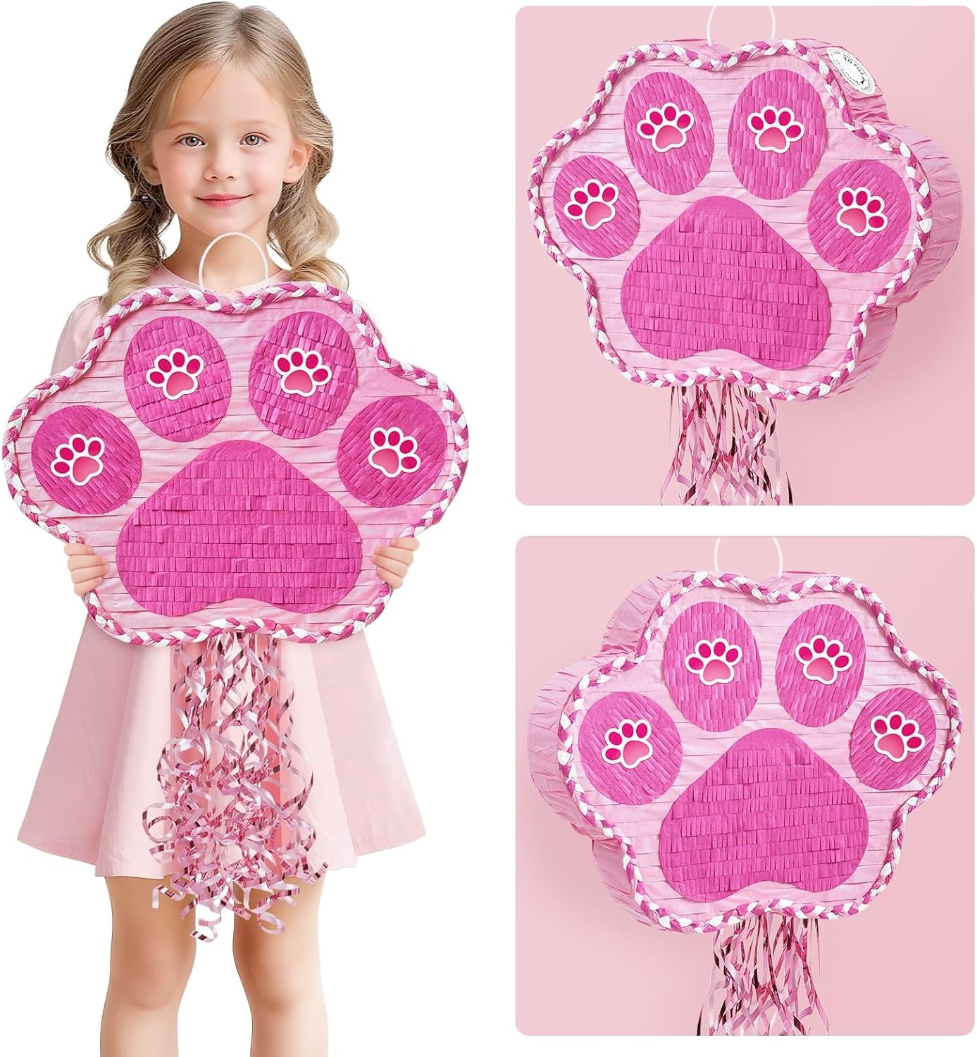 WERNNSAI Pink Dog Paw Pinata - Dog Pinata Pet Theme Party Games Pink Girl Style Puppy Paw Party Decorations Animal Party Supply for Kids Birthday with Blindfold
