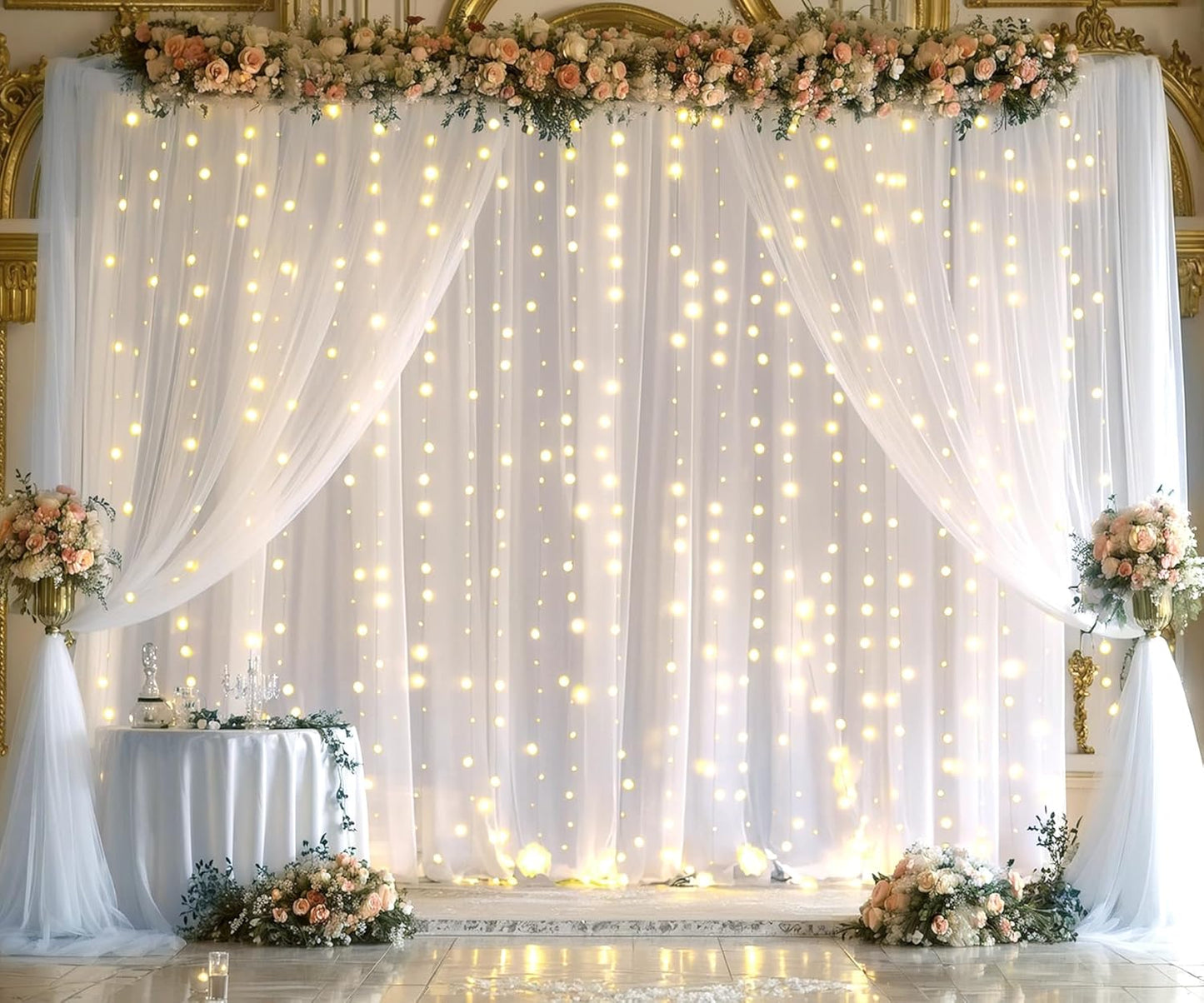 Sheer Backdrop Curtain with Lights String for Parites 20×10ft White Tulle Backdrop Curtain for Wedding Baby Shower Birthday Party Photo Shoot Decorations(4 Panels 5ft×10ft)