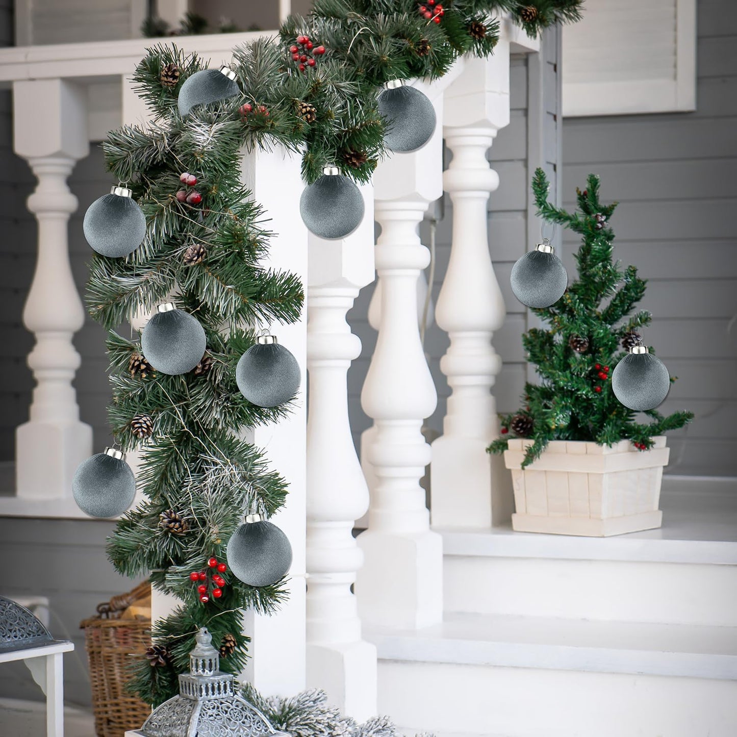 Neutral Velvet Christmas Tree Ornaments Set - Gray Xmas Hanging Baubles 15 PCS, Large Flocked Elegant Christmas Ball Ornaments, Shatterproof Decor for Holiday (Gray, 3.15 Inch)