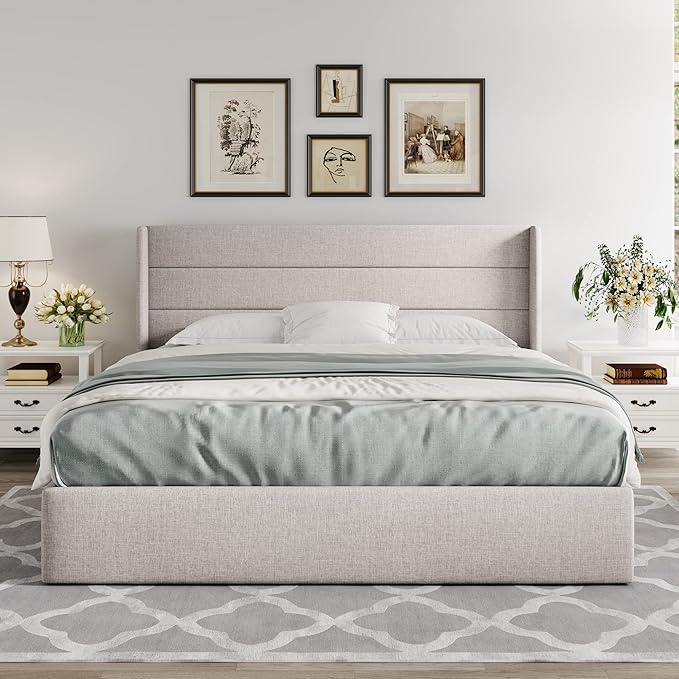 Allewie King Size Lift Up Storage Bed, Modern Wingback Headboard, Hydraulic - Image 7