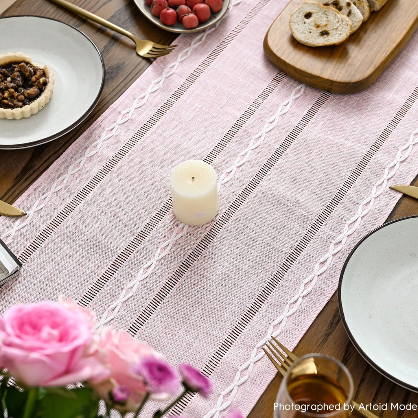 Artoid Mode Pink Rustic Cotton Linen Table Runner, Seasonal Embroidered Hollow Kitchen Dining Table Decoration for Home Party Decor 13x60 Inch