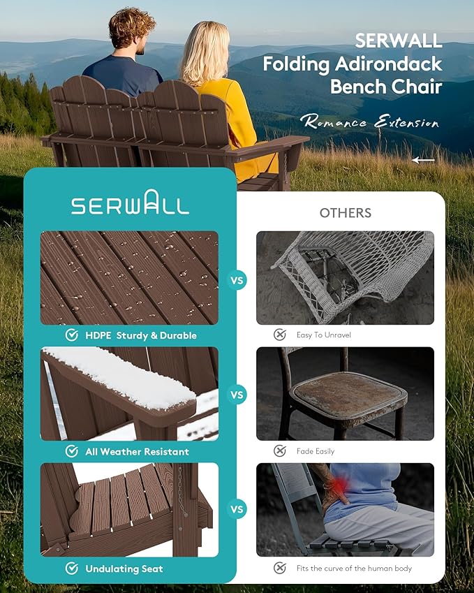 SERWALL Folding Adirondack Bench, HDPE All-Weather Adirondack Loveseat - Image 6
