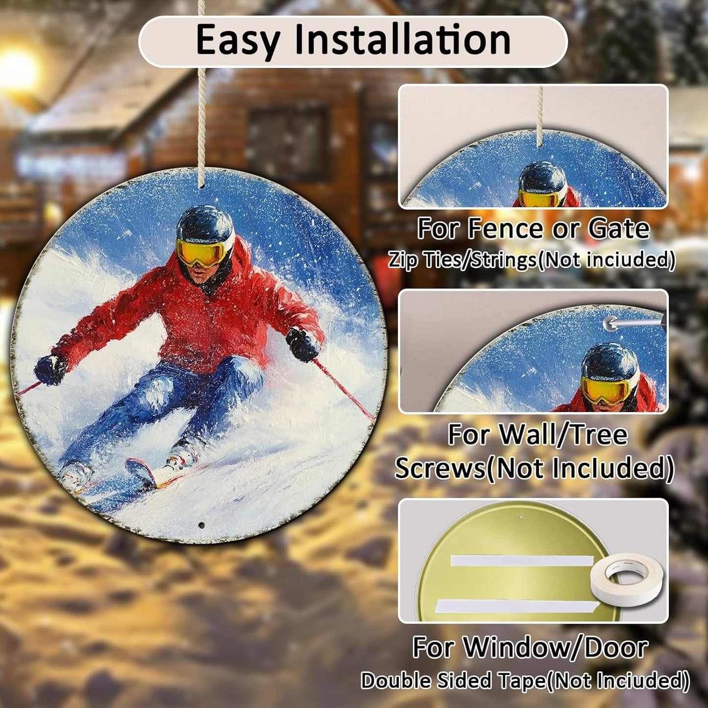 Round Ski Vintage Metal Sign Skiing Sign, Office Sign Home Décor Ski Lodge Décor Cabin Tin Sign 12 * 12 in