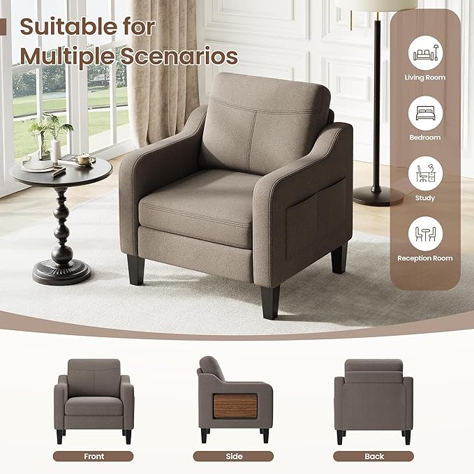 Accent Chair for Living Room Modern Linen Upholstered Armchair Side Wooden - Image 5