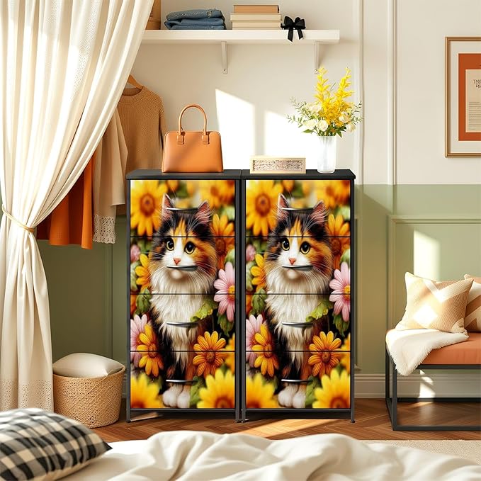 Dresser for Bedroom Calico Cat Surrounded by Bright Sunflowers Daisies Garden - Image 2
