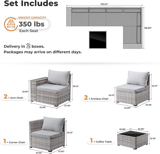 ovios 6 Pieces Patio Furniture Set, Outdoor Wicker Sectional Sofa - Image 7