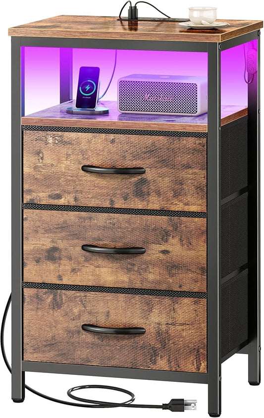 Huuger Night Stand with Charger Station and LED Lights, 3 Drawer Nightstand by Huuger