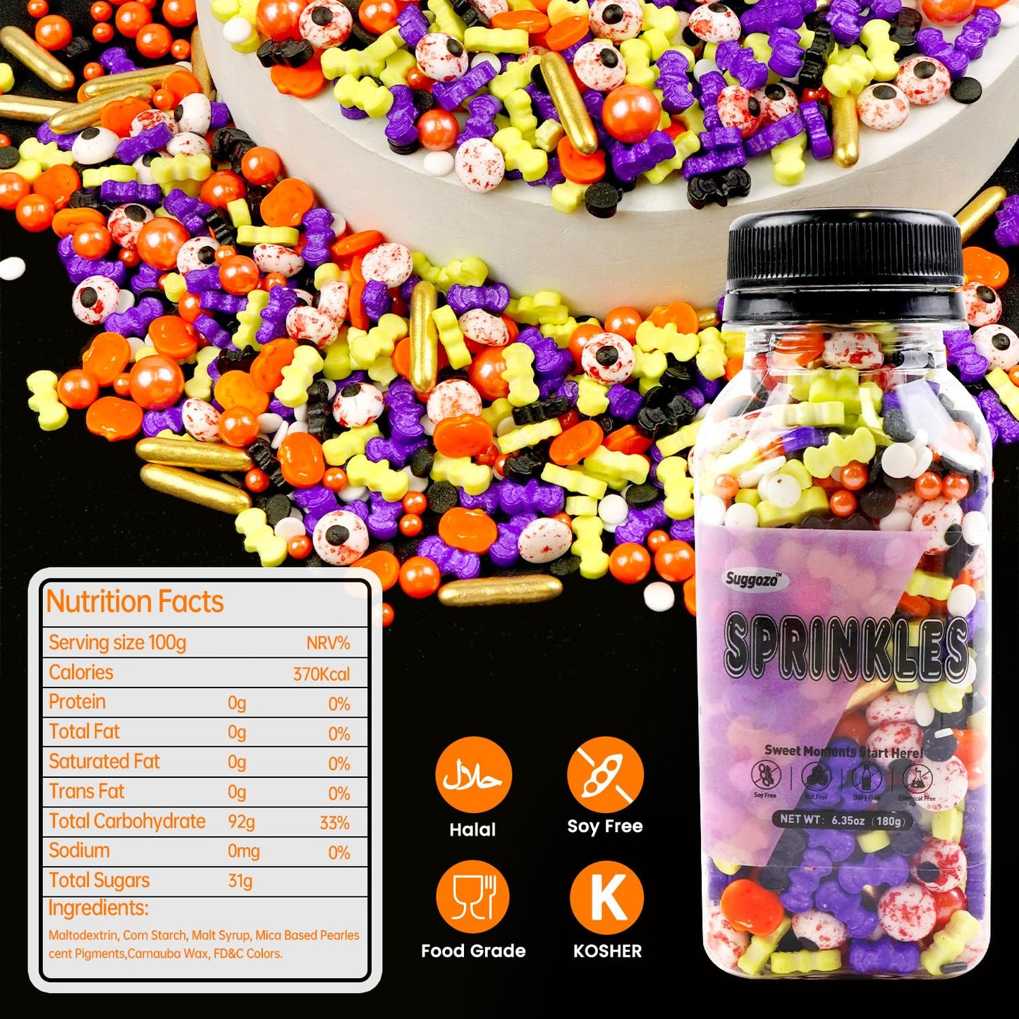 Halloween Sprinkles Mix, Sprinkles for Cake Decorating, Edible Halloween Candy, 180g/ 6.35oz, Cupcake Toppers, Cake Decorations, Ice Cream Toppings, Cookie Decoration(Orange Black Purple)