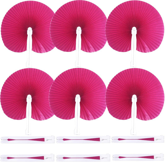 12 Packs Decorative Paper Folding Hand Fans Handheld,Hot Pink Round Foldable Wedding Fans Chinese and Japanese Fans Bulk for Bridal Guest Church Party Favors Dancing Birthday DIY