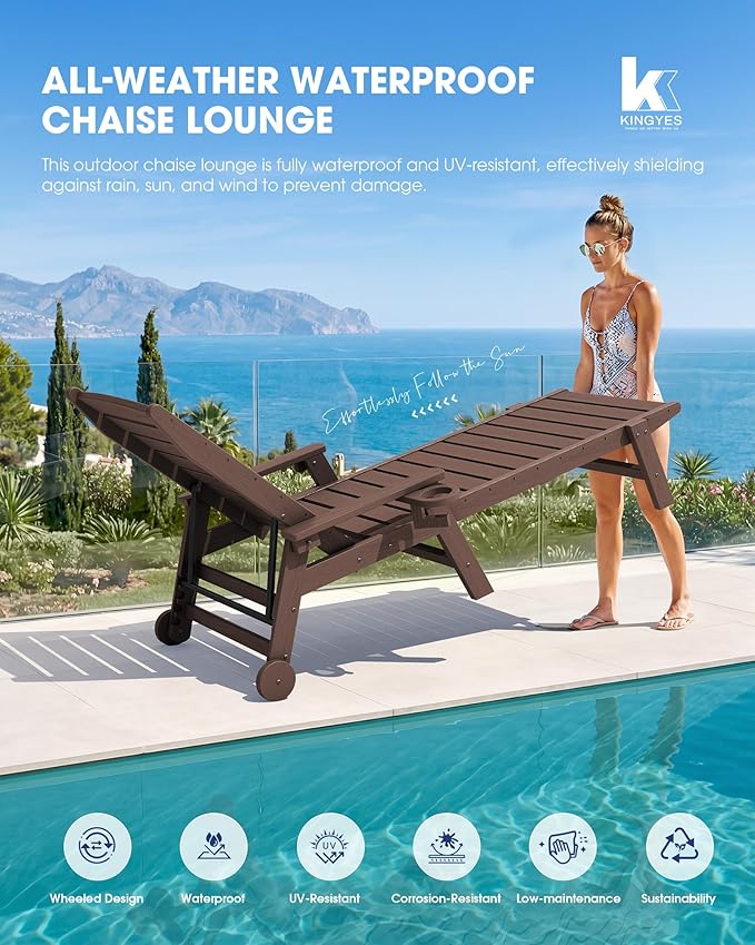 KINGYES HDPE Lounge Chair Outdoor Set of 2, Patio Chaise Lounge Recliner - Image 6