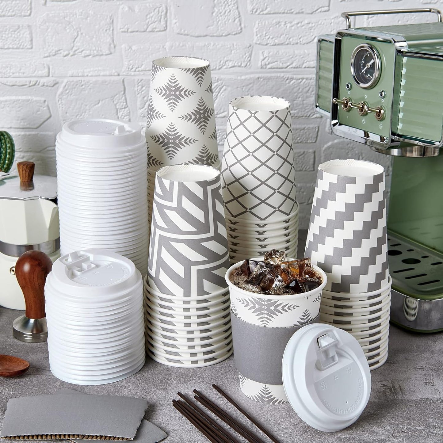 LITOPAK 100 Pack 12 oz Paper Coffee Cups with Lid, Sleeve, and Straws, Four Designs of Disposable Hot Coffee Cups for Home, Stores, and Cafes