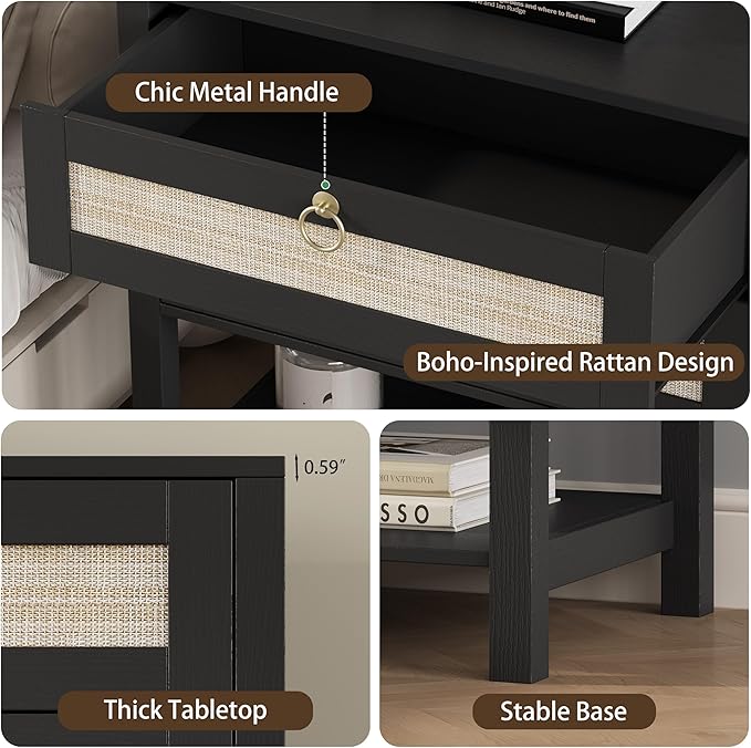 Xixini Nightstand Set of 2, Rattan Boho Bedside Table - Image 5