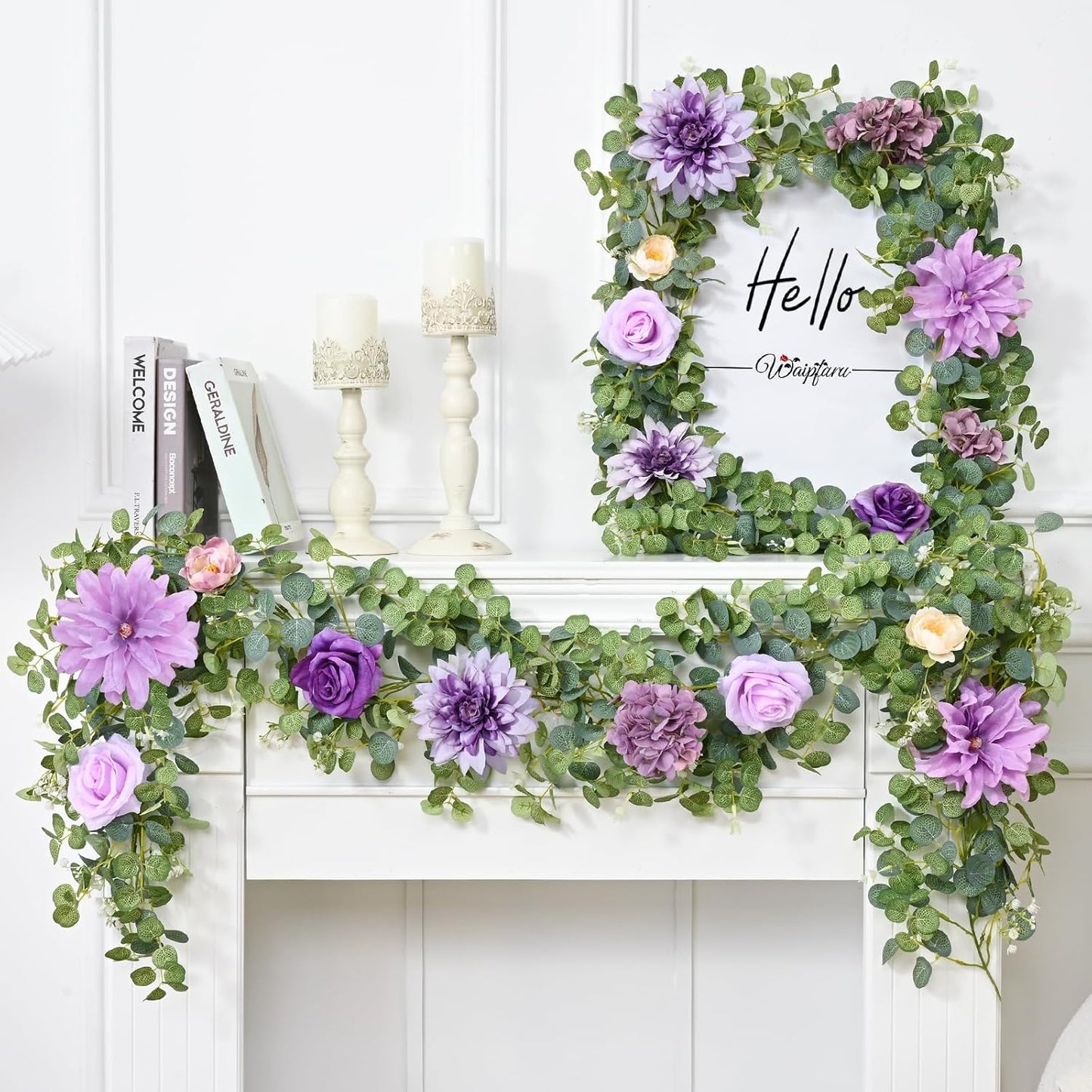 Waipfaru Flower Garland, 6.07Ft Eucalyptus Garland with Flowers, Silk Rose Floral Vines for Wedding Reception Table Mantle Decor (Purple)