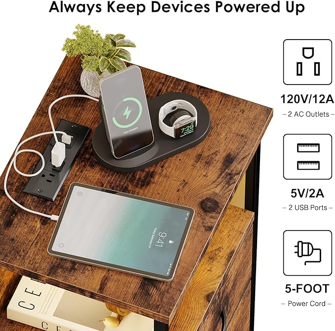 Fixwal Night Stand with Charging Station, LED Nightstand with Fabric Drawers - Image 5
