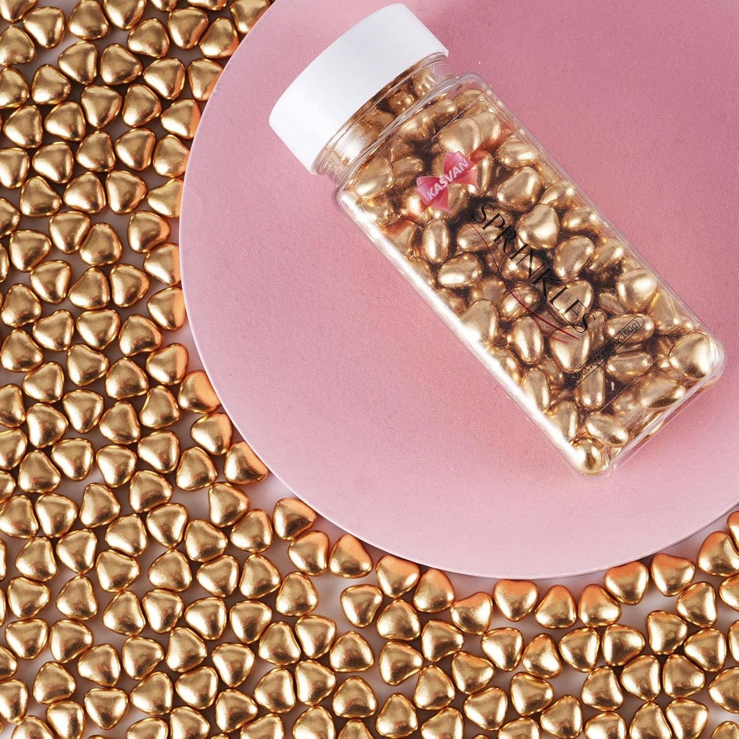 Kasvan Gold Heart Shapes Sprinkles - Edible Candy Pearls 100g/3.58 Oz, Mix Size, Baking Cake Decorations, Ice Cream Toppings and Cookie Decorating, Wedding Party Chirstmas Supplies (Gold)