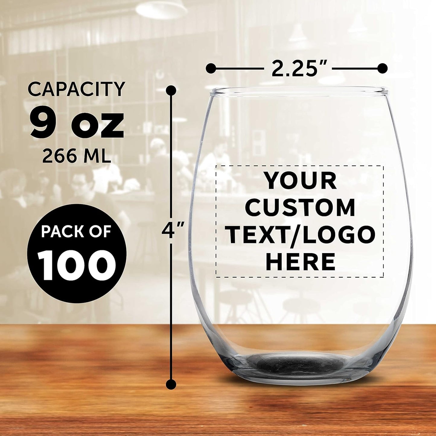 Custom Stemless Wine Glass 9 oz. Set of 100, Personalized Bulk Pack - Great for Wedding Favors, Bachelorette Party Decorations, Party Fovors, Color Bottom - Black