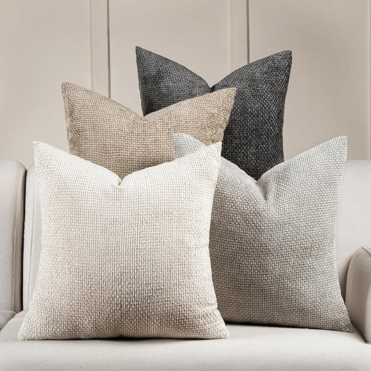 Volcanics Boho Throw Pillow Covers 20x20 Set of 4, Neutral Chenille Decorative by Volcanics