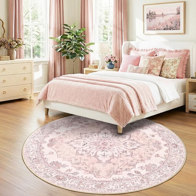RELEANY Area Rugs Round 7ft Washable Non-Slip, Floral Vintage Distress Print - Image 2
