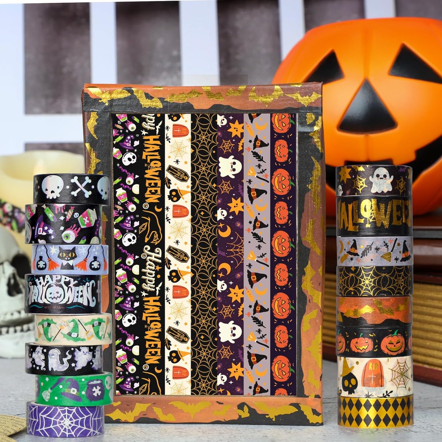 16 Rolls Halloween Washi Tape Holiday Masking Tape Stickers Glod Foil Decorative Tape for Scrapbook Journal DIY Craft Gift Wrapping（Halloween