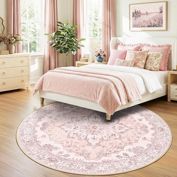 RELEANY Area Rugs Round 8ft Washable Non-Slip, Floral Vintage Distress Print - Image 2