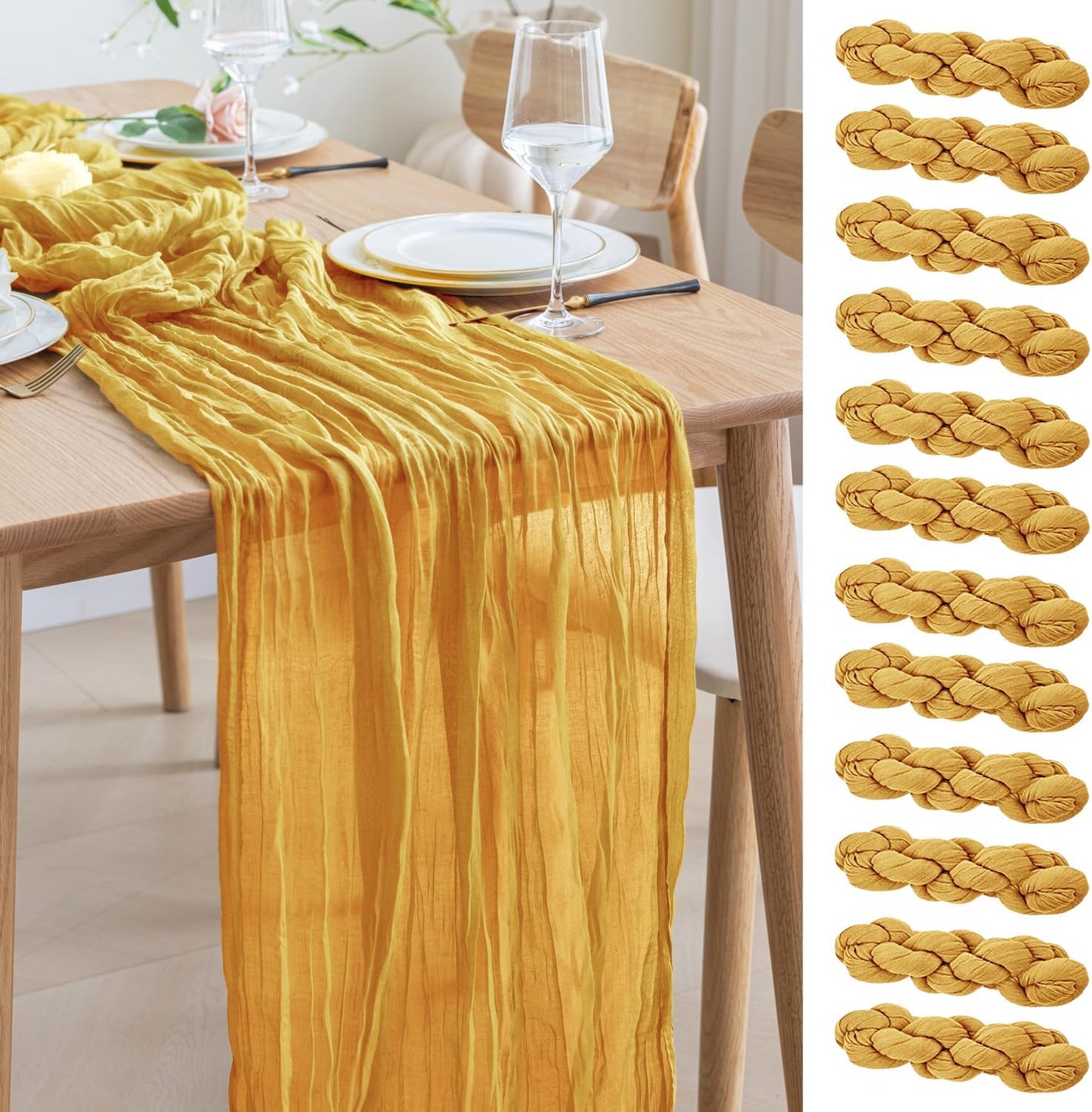 Asee'm 12pcs Cheesecloth Table Runner 120 Inches Long Gold Boho Gauze Cheese Cloth Runner 10FT Rustic Sheer Table Runners for Christmas Wedding Party Baby Shower Spring Easter Decoration
