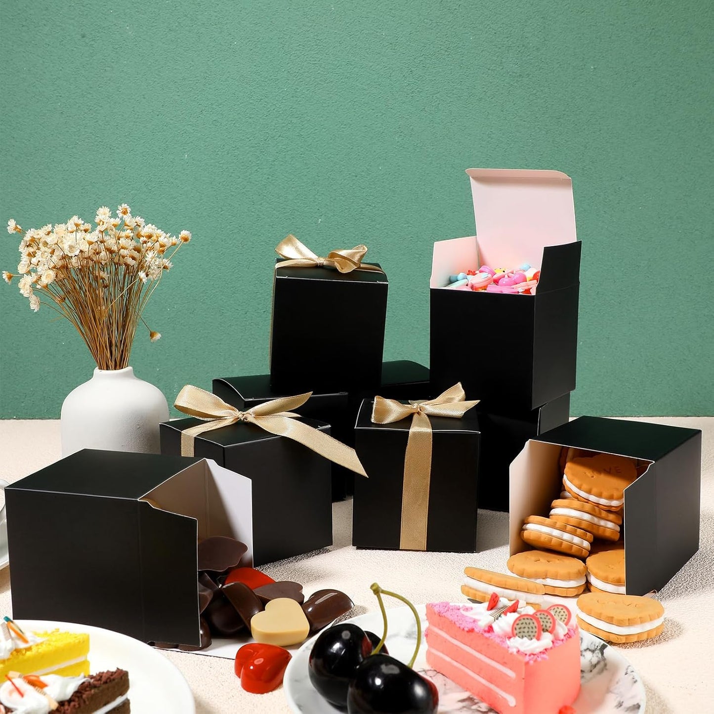 Jutom 100 Pcs Mini Favor Boxes Extra Small Candy Boxes Paper with Gold Ribbon for Christmas Thanksgiving Day Birthday Wedding Anniversary Supplies(3 x 3 x 3 Inch,Black)