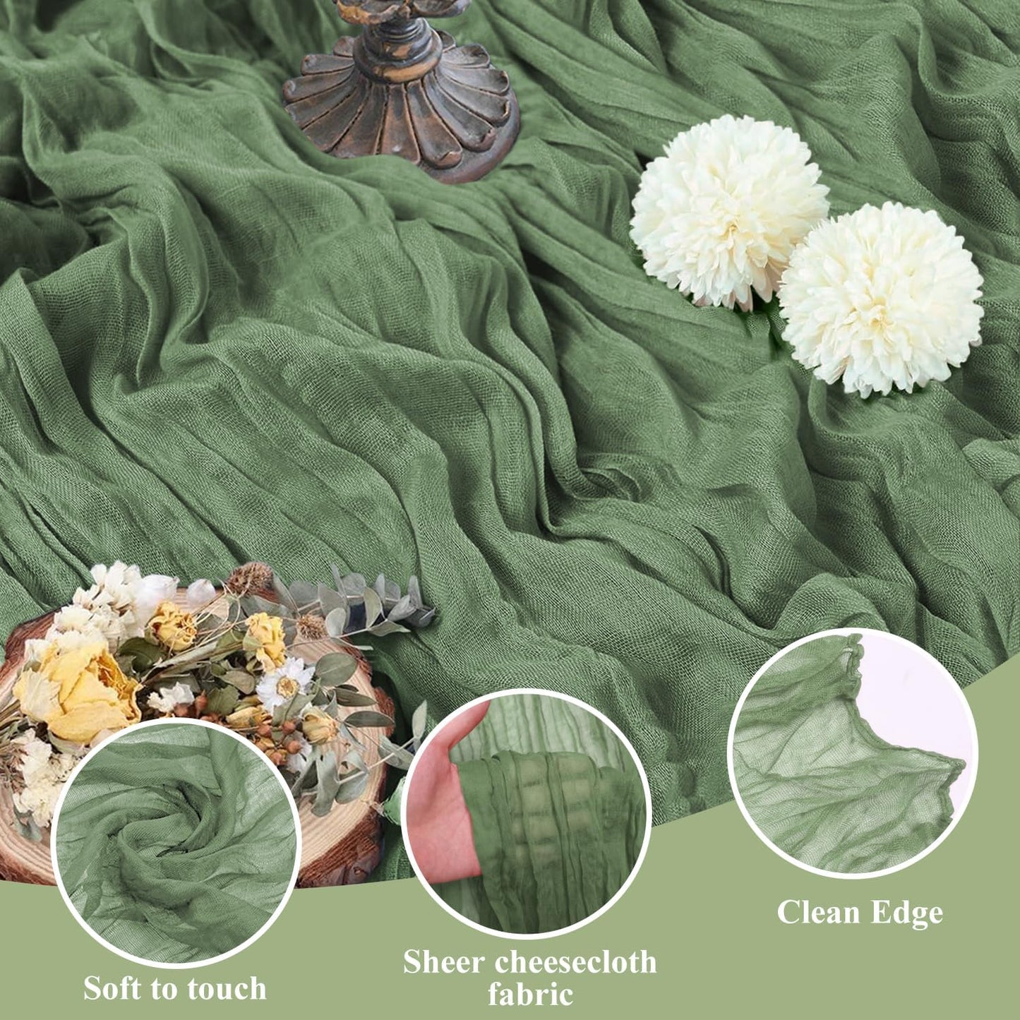 Asee'm 6pcs Cheesecloth Table Runner 120 Inches Sage Green Boho Gauze Cheese Cloth Runner 10FT Rustic Sheer Table Runners for Summer Wedding Baby Shower Holiday Party Decoration