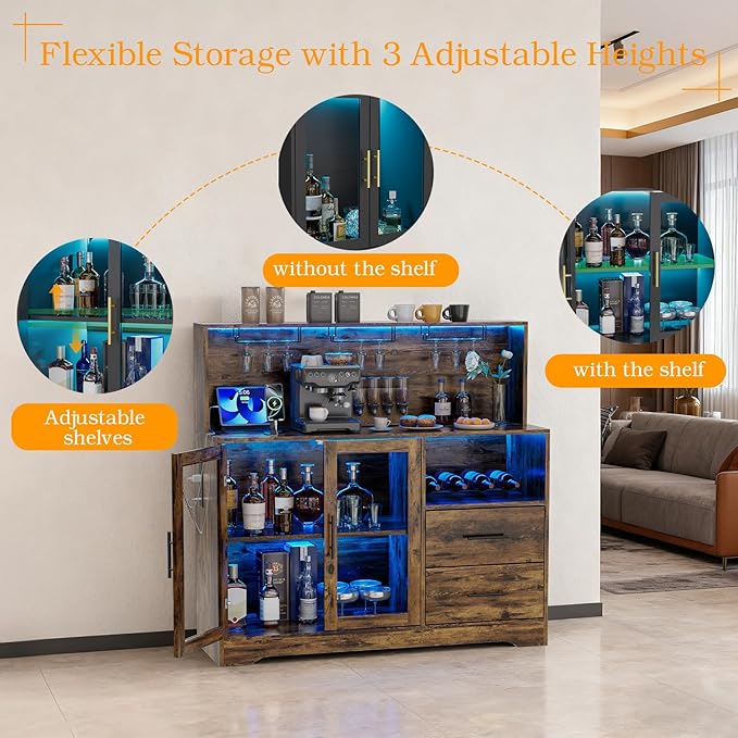 Home Bar Cabinet with Adjustable RGB LED Light, Wine & Coffee Storage with Rack - Image 8