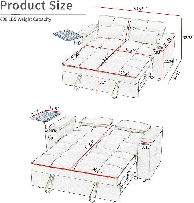 Auvsoce 65" 3-in-1 Pull-Out Convertible Sofa Bed - Image 2
