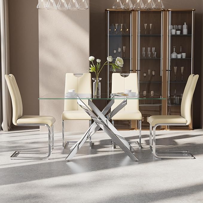 5-Piece Dining Table Set for 4, Modern Rectangular Glass Table - Image 3