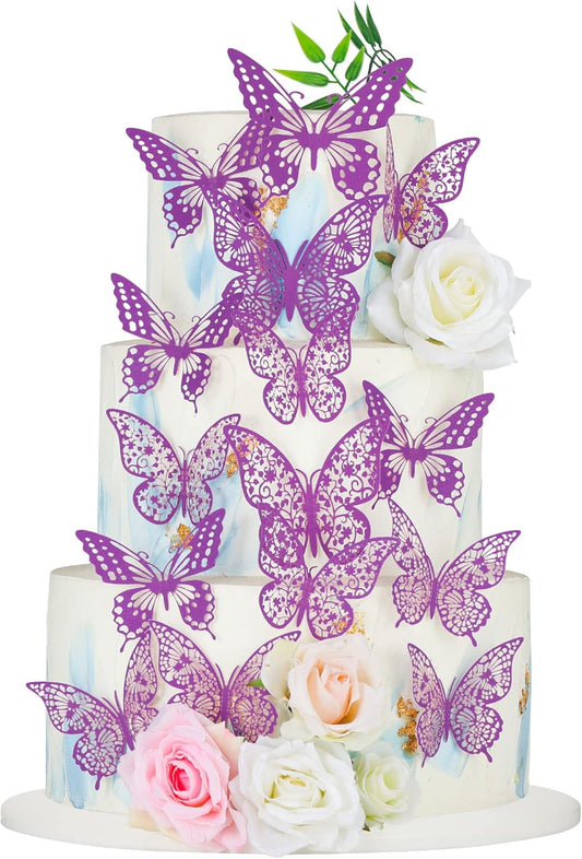 Gyufise 36 Pack Purple 3D Butterfly Cupcake Toppers Hollow Cake Decorations for Birthday Wedding Fairy Party Wall Sticker Decal