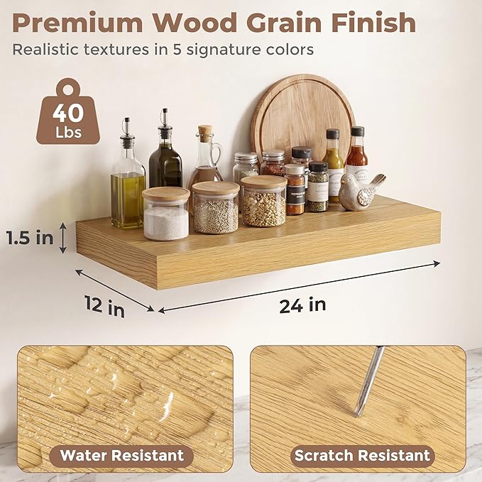 12 inch Deep Floating Shelves for Wall, 24 inch Wide Engineered Wood Wall - Image 2