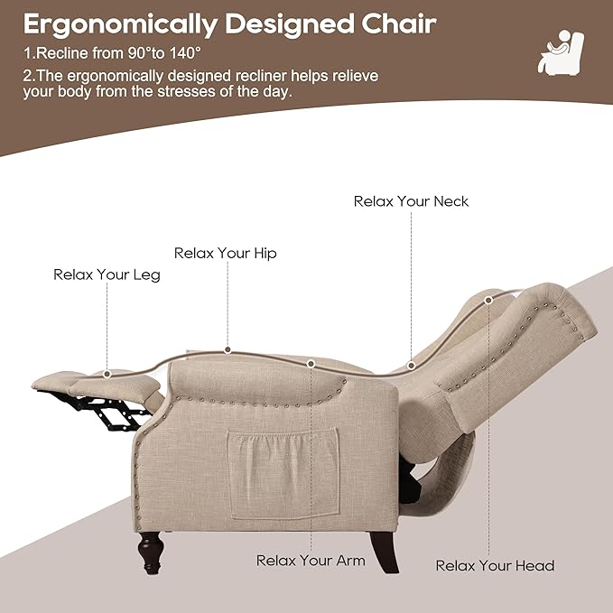 Wingback Chair with Massage and Heat, Tufted Fabric Pushback Recliner Chair - Image 6