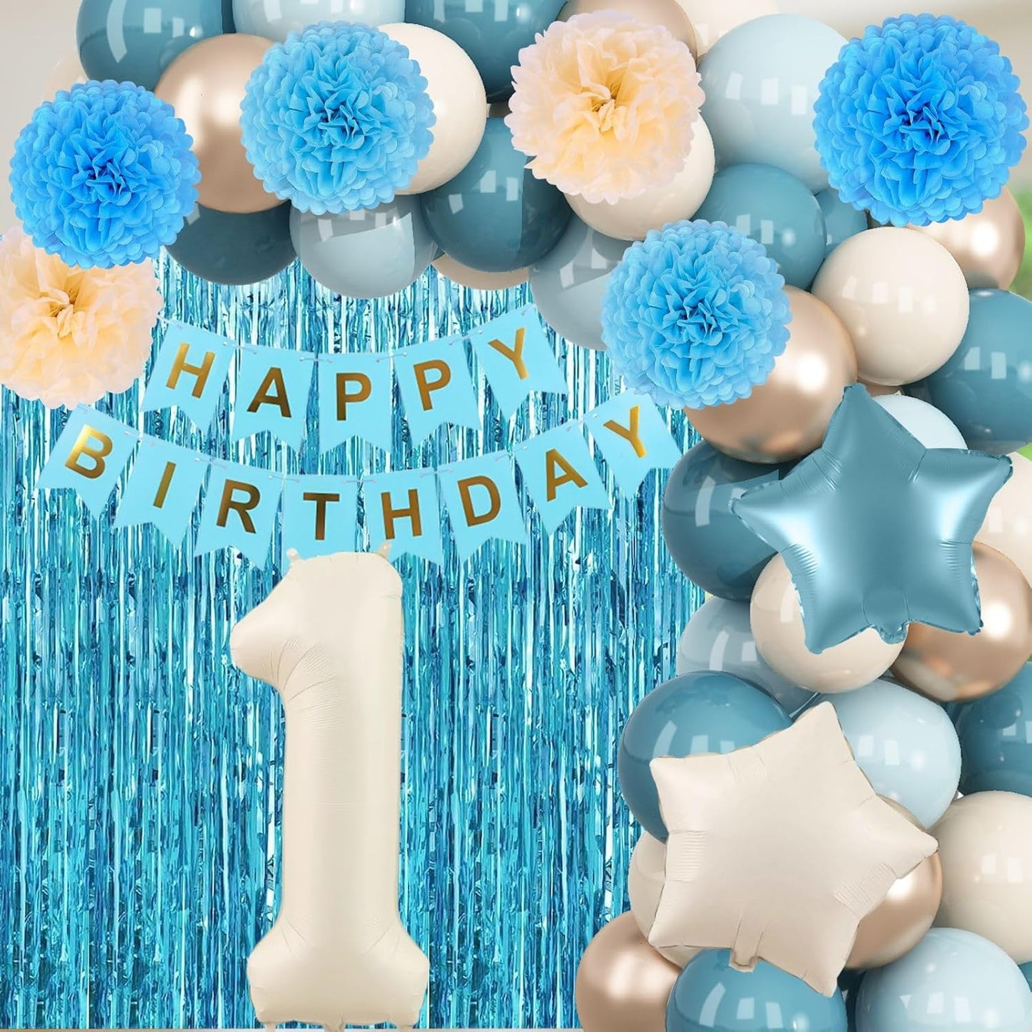 Dusty Blue 1st Birthday Decorations Beige Cream Number 1 Balloon with Blue Gold Happy Birthday Banner Fringe Curtain Paper Pom Poms Nude White Sand Champagne Star Foil Balloons Party Decor