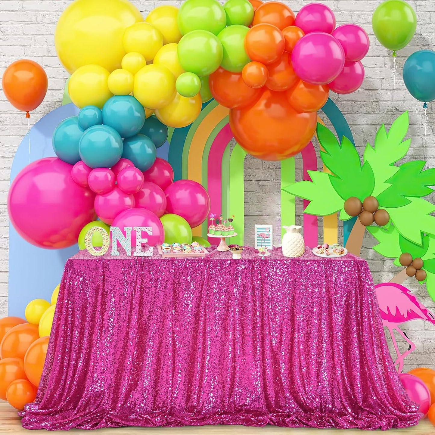 QueenDream Tablecloth Hot Pink Birthday Decorations: 90x90 Inch Sequin Tablecloth Drapes Glitter Fabric Wedding Party Table Overlay