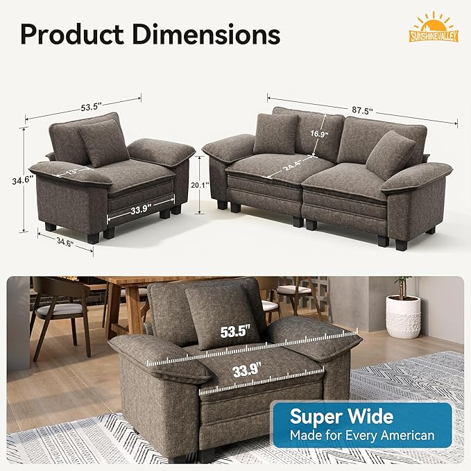 SUNSHINE VALLEY 2 Piece Living Room Sofa Furniture Set, Chenille Modular - Image 2