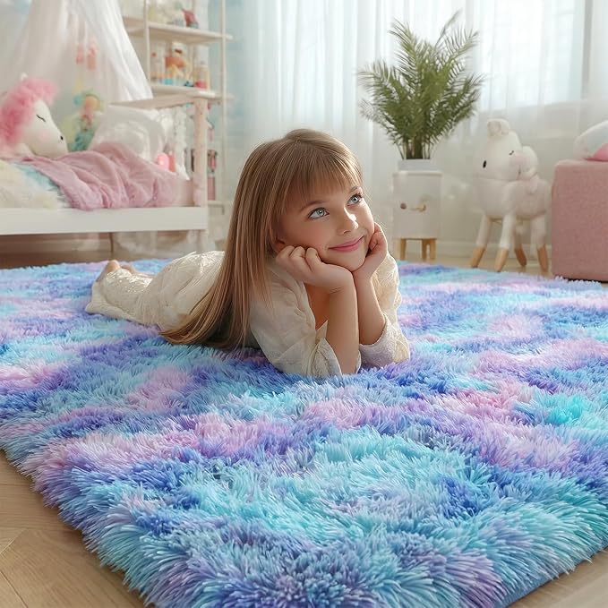 PAGISOFE Furry Rainbow Rugs for Bedroom Girls, 2x3 Soft Purple Shag Tent Rugs - Image 2
