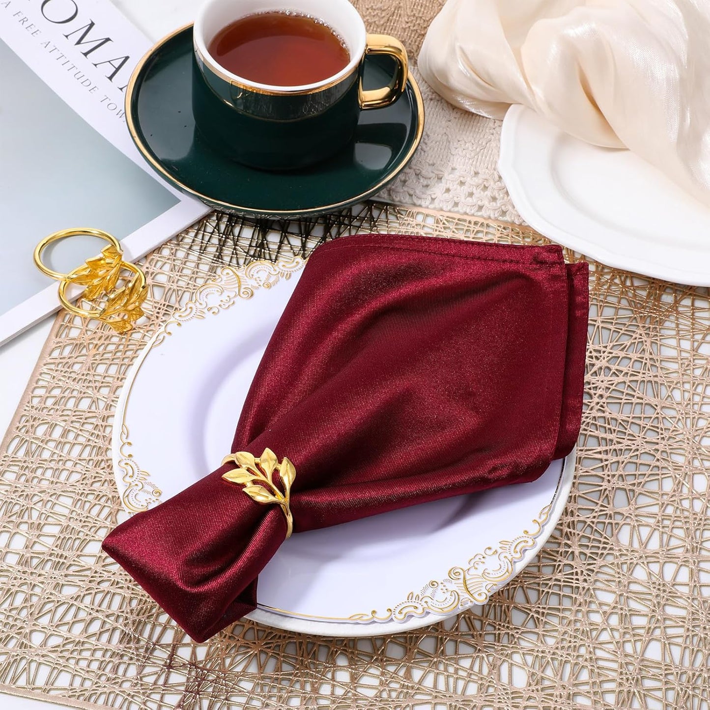 Leaf Napkin Rings Set of 50 Metal Gold Napkin Holder Stylish Fall Napkins Ring Bulk Handicraft Flower Napkins Rings for Family Dinner Wedding Birthday Christmas Thanksgiving Elegant Table Setting-Gold