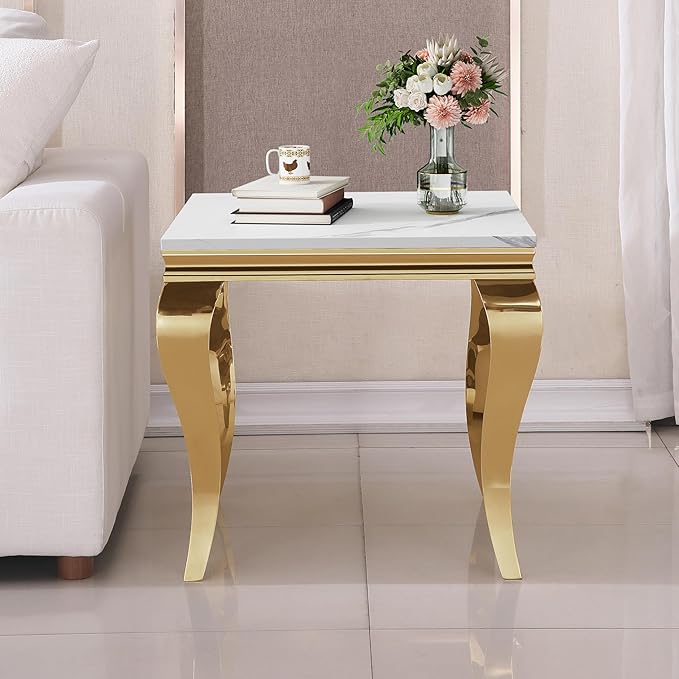 Henf Marble End Table Modern White Faux Marble Sofa Side Table - Image 3