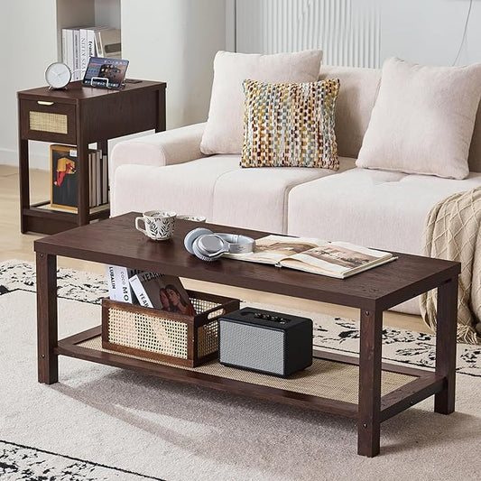 Lerliuo Boho Coffee Tables for Living Room, Rattan Center Table by Lerliuo