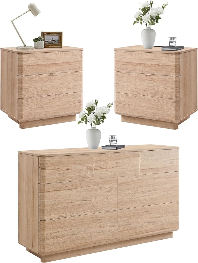 ACCOHOHO 3 Piece Bedroom Furniture Set, 7 Drawer Dresser & Two 22" Nightstands by ACCOHOHO
