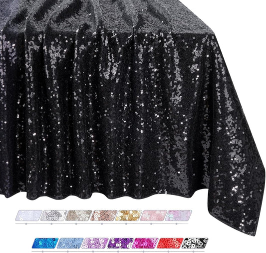 QueenDream Sparkly Sequin Tablecloth - Black Table Cloth 50x80 Inches Rectangle Table Overlay Fabric for Birthday Parties Baby Shower Decoration