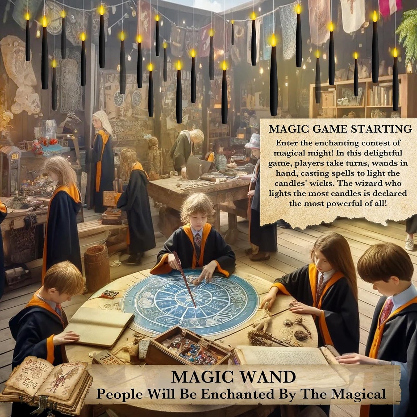 NURADA Floating Candles with Wand Remote Timer - 24 Pcs Magic LED Hanging Flameless Taper Candles Flickering Battery Operated for Birthday Theme Party Holiday Home Halloween Decor - Black