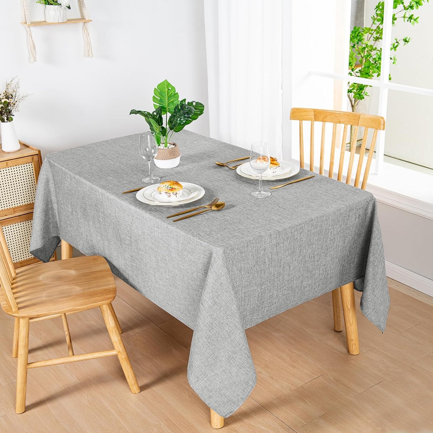 Hiasan Faux Linen Rectangle Tablecloth - Wrinkle and Stain Resistant Washable Table Cloth for Kitchen Dining Room Holiday Table Cover for Dinner, Light Grey, 90 x 132 Inch
