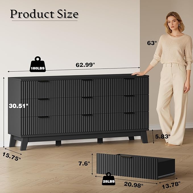 BORNOON 63" Long Dresser for Bedroom, 9-Drawer Fluted Dresser, Extra-Wide Wood - Image 2